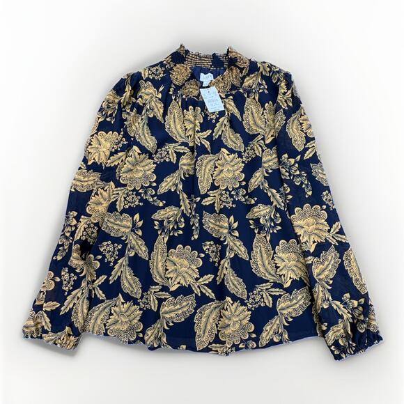 J. Crew Factory Tops - NWT J.Crew Factory Floral Smocked Shirt Blouse Navy Gold Womens Size Med AS357
